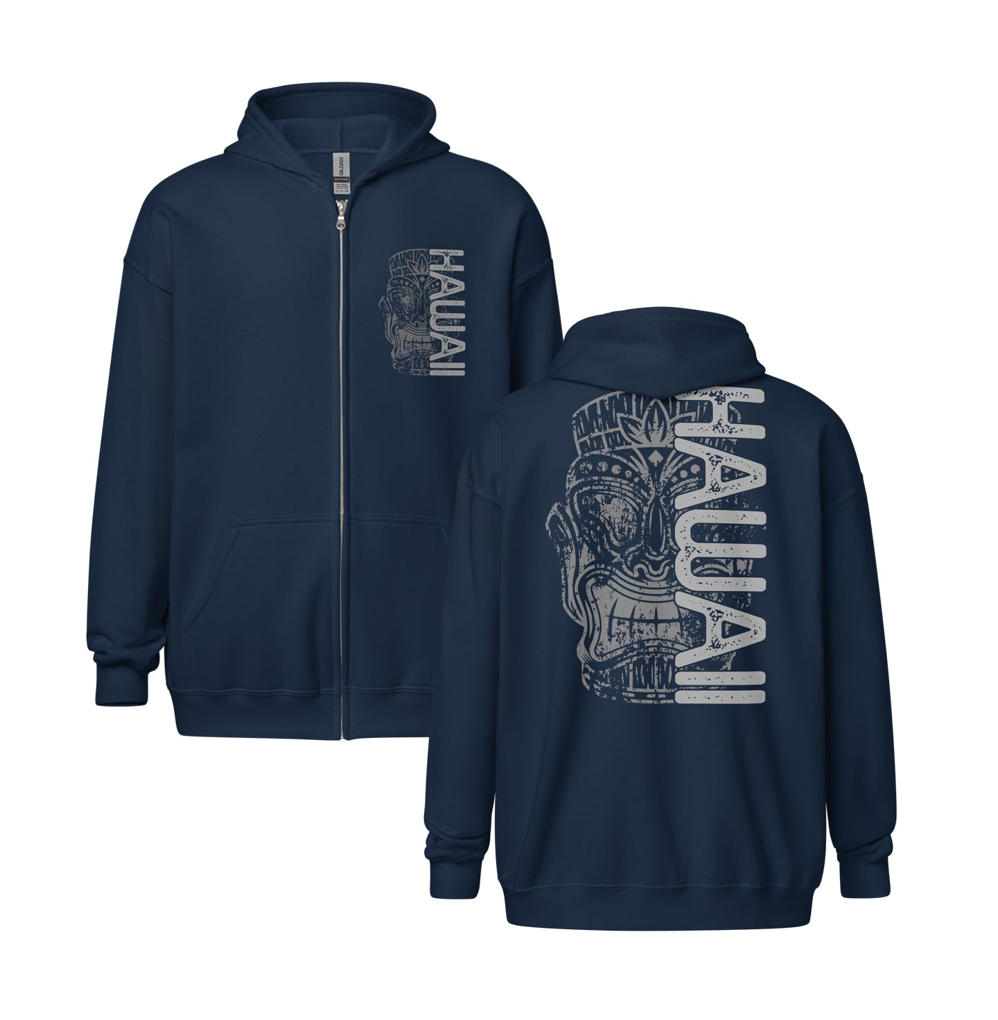 Tiki Hawaii Distressed Grunge Unisex Heavy Blend Zip Hoodie Front and Back Graphic