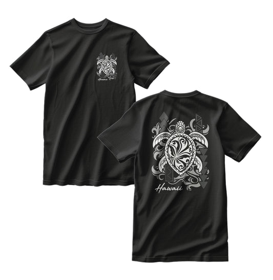 Black t-shirt with turtle design on front and back, featuring 'Hawaii' text.