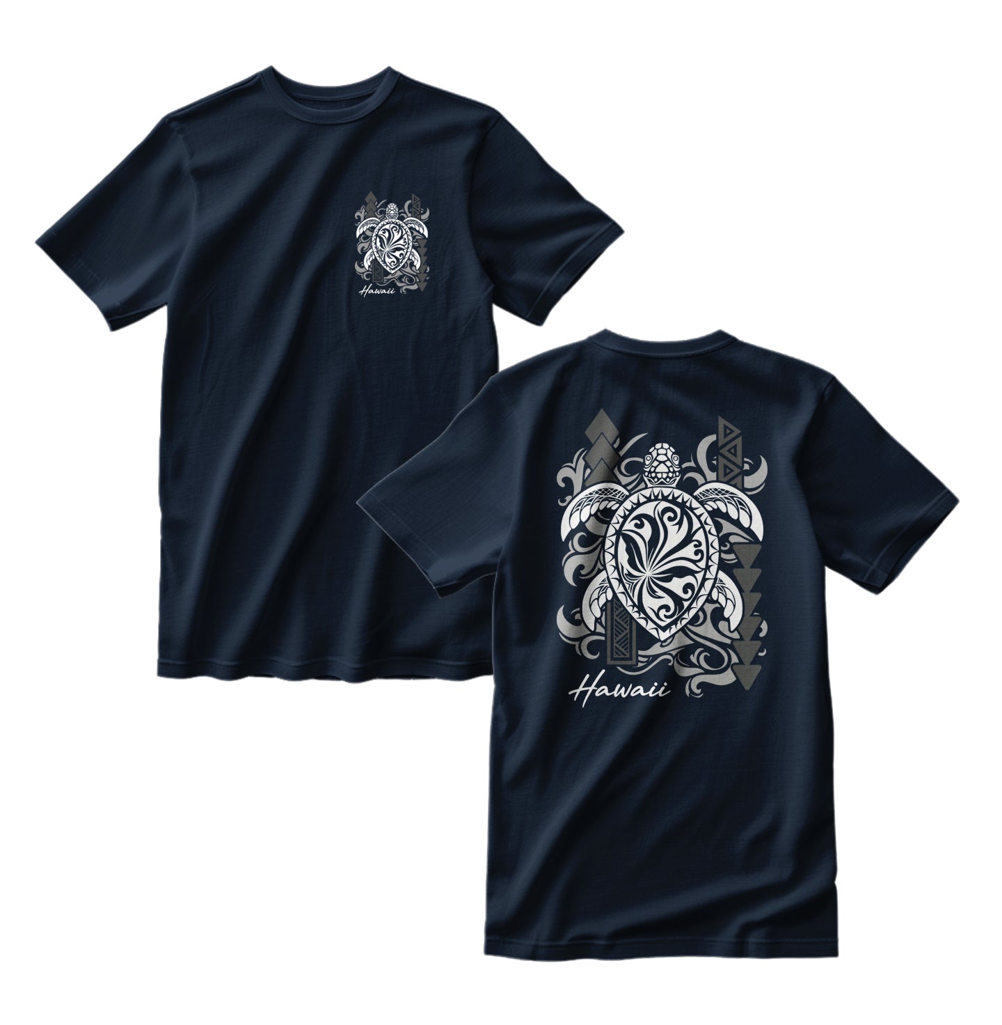 Navy blue t-shirt with turtle design on front and back, featuring 'Hawaii' text.