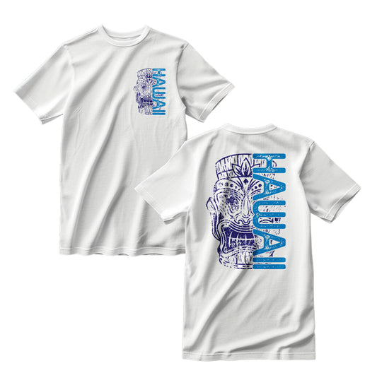 White t-shirt with blue and purple graphics on front and back
