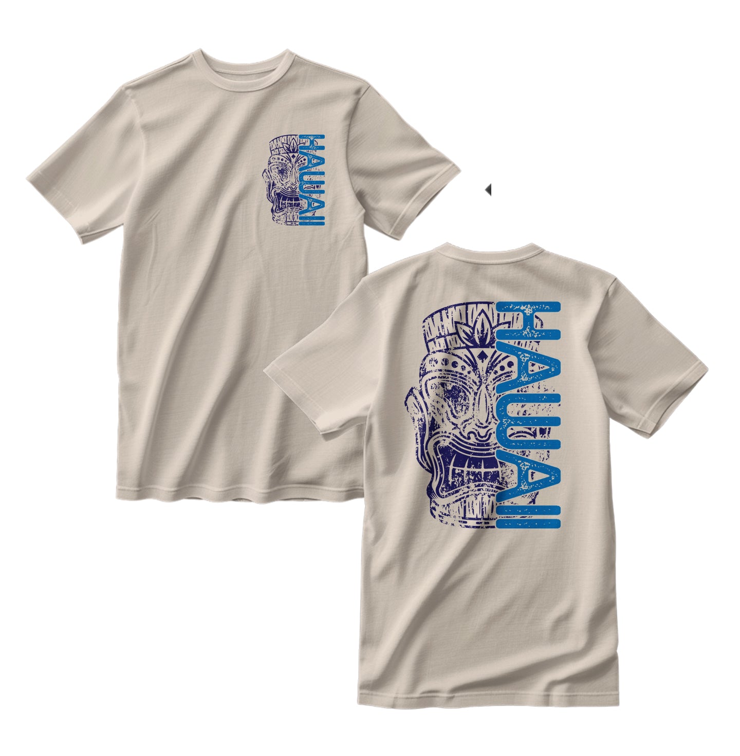 Beige t-shirt with blue graphic design on a white background