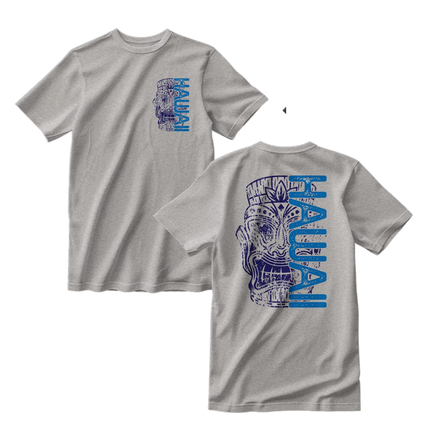 Gray t-shirt with blue and purple graphic design on a white background