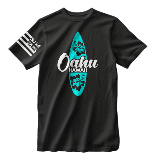 Oahu Hawaii Surfing with Hawaii Flag Distressed T-Shirt