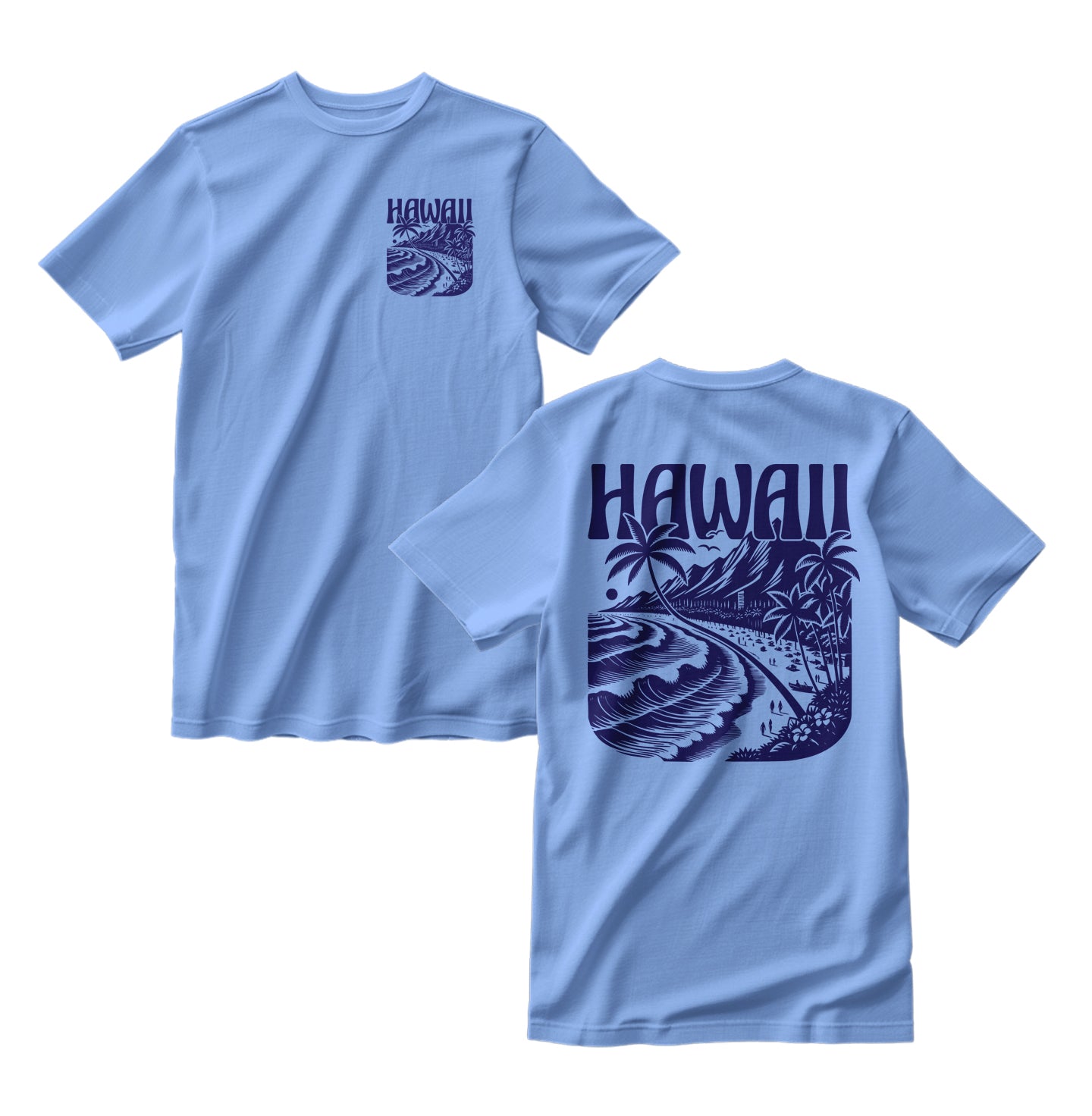 carolina blue color t shirt with vintage hawaii beach design
