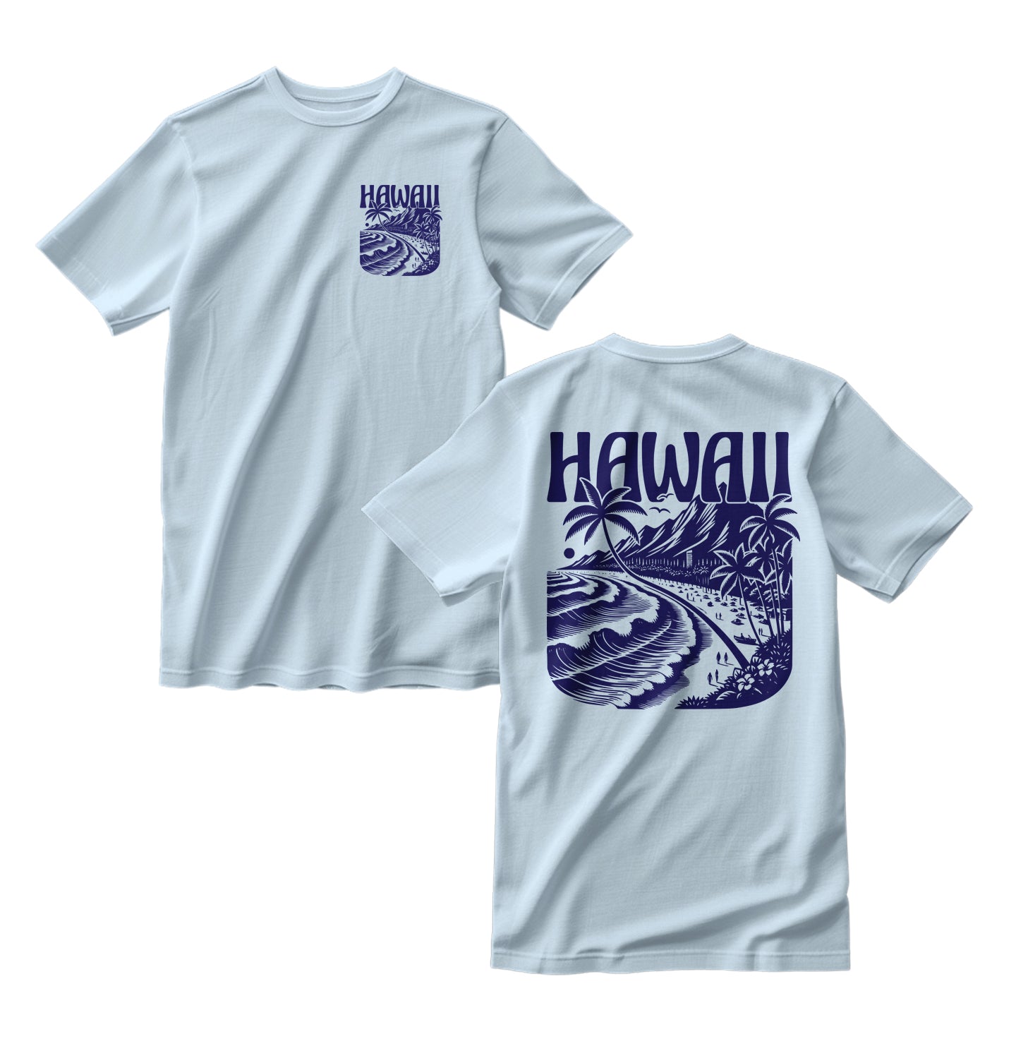 White t-shirt with blue 'Hawaii' and wave design on a white background