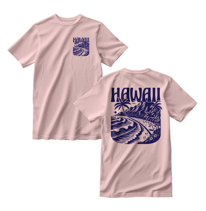 Light Pink t-shirt with blue Hawaii-themed graphics on a white background
