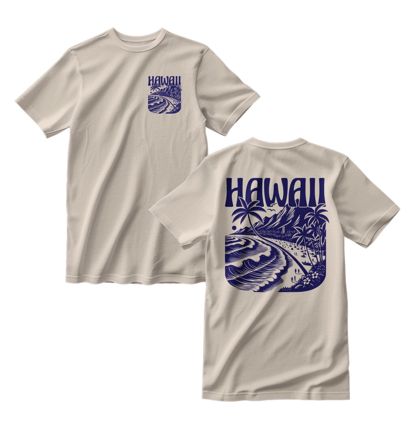 Beige t-shirt with blue Hawaii-themed graphics on a white background