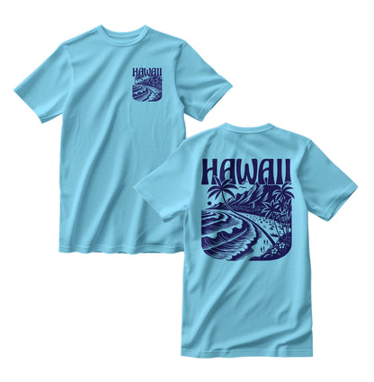 Sky blue t-shirt with blue 'Hawaii' graphics on a white background