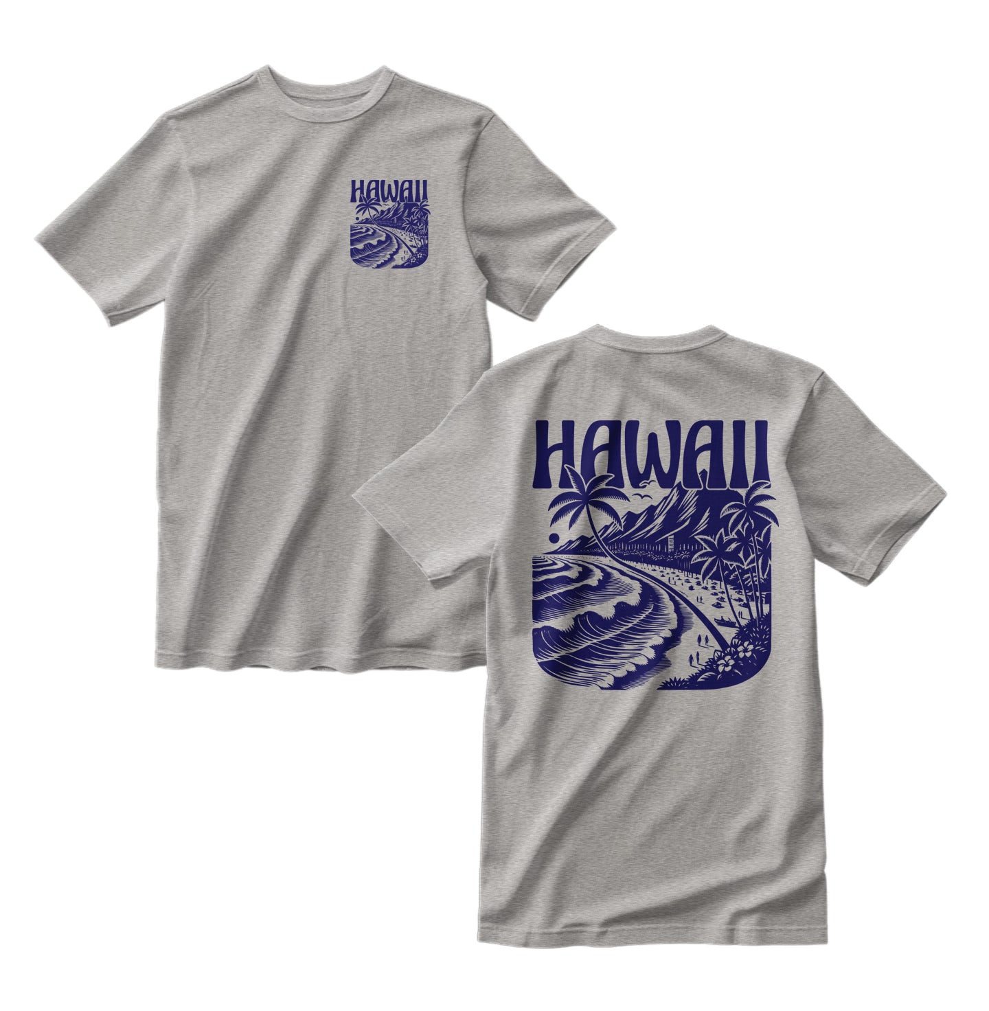 Sports Heather Gray t-shirt with blue Hawaii-themed graphics on a white background