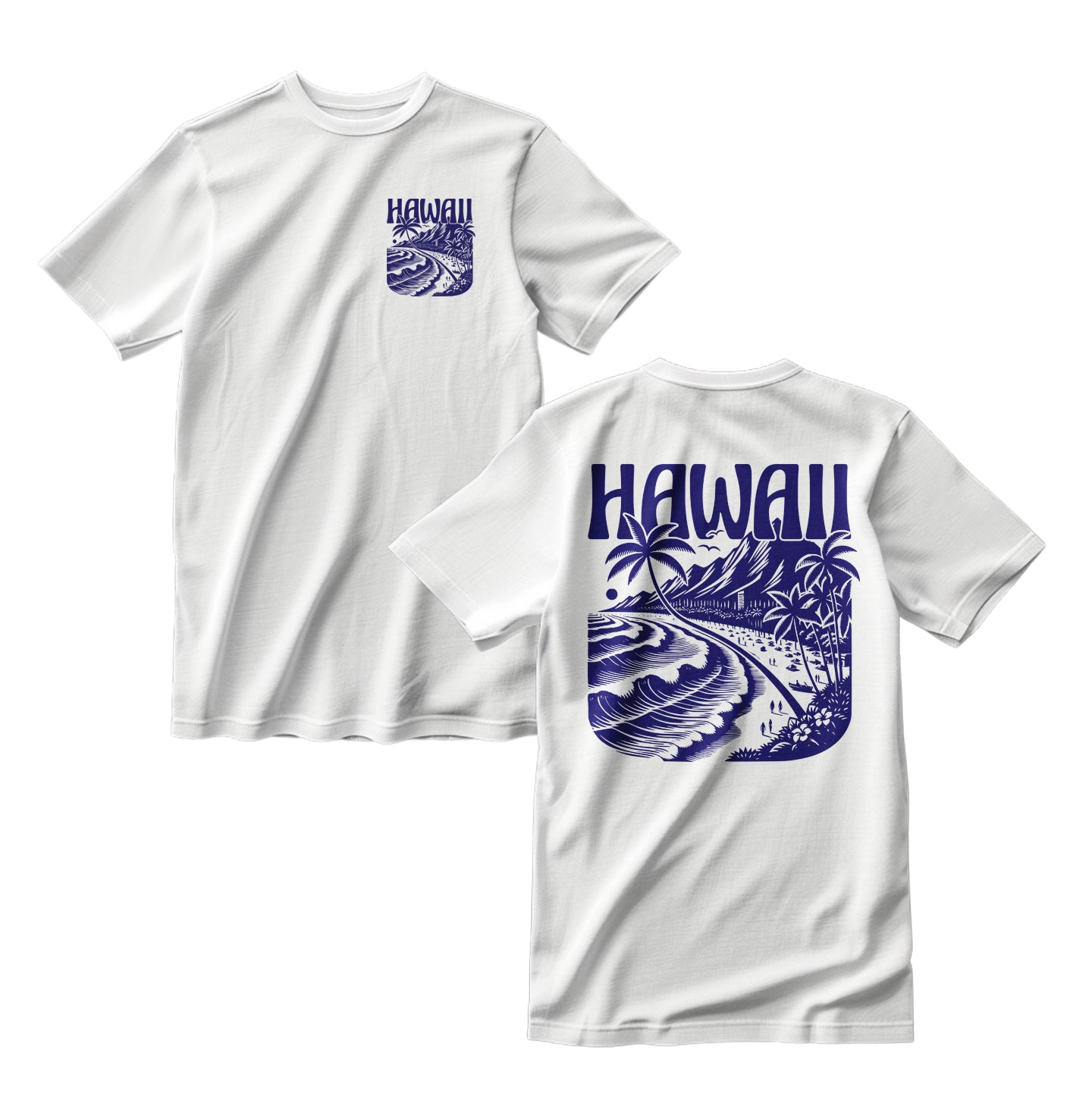 White t-shirt with blue 'Hawaii' graphics on a white background