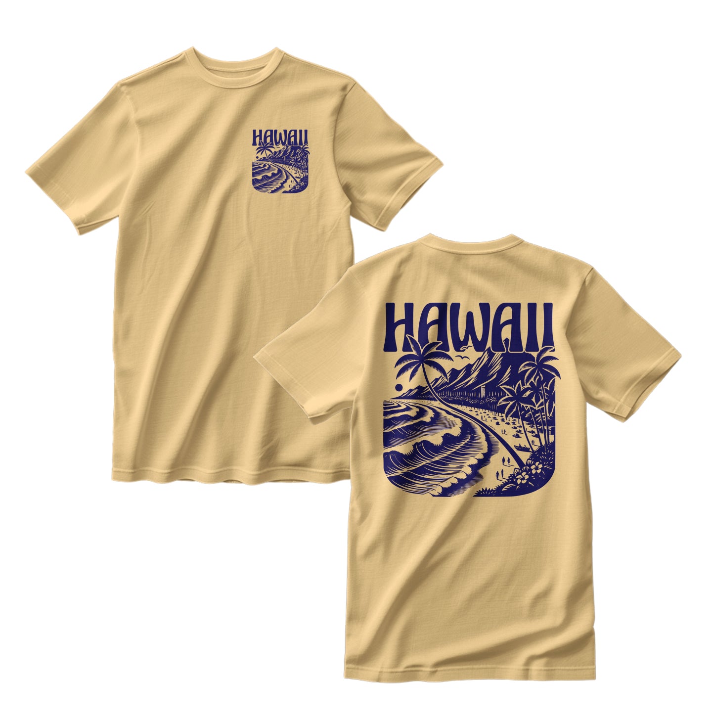 yellow haze tshirt with blue hawaii beach design vintage style 
