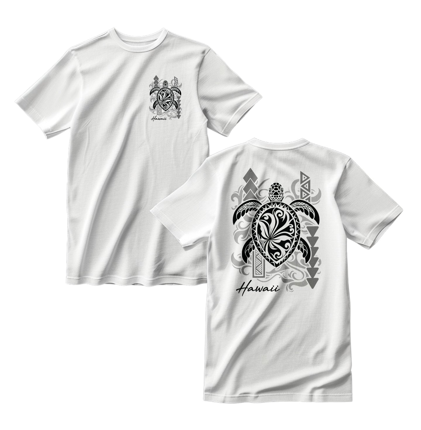 White t-shirt with turtle design on front and back, featuring 'Hawaii' text.