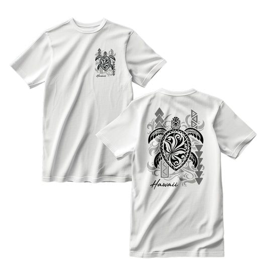 White t-shirt with turtle design on front and back, featuring 'Hawaii' text.