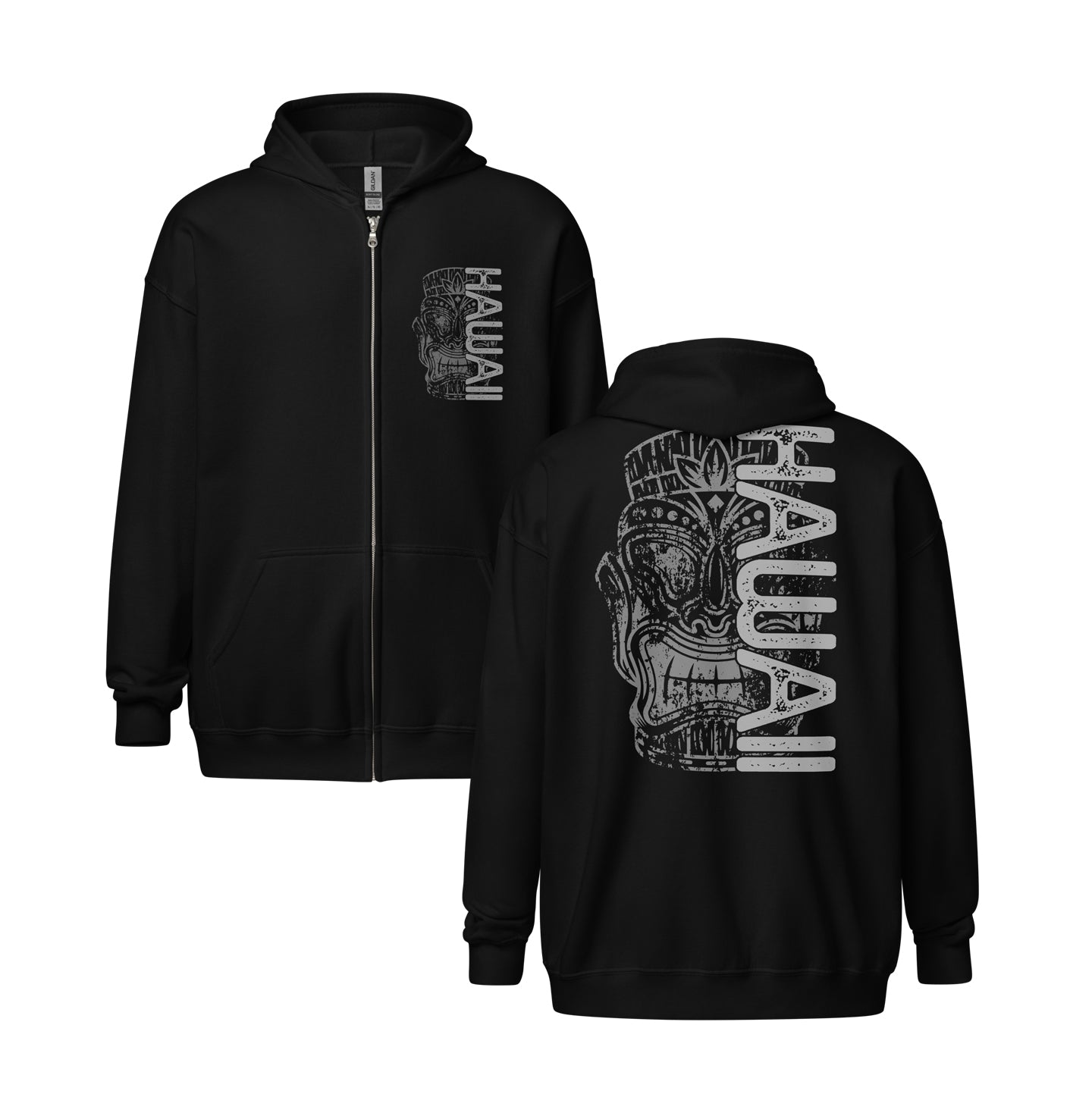 Tiki Hawaii Distressed Grunge Unisex Heavy Blend Zip Hoodie Front and Back Graphic